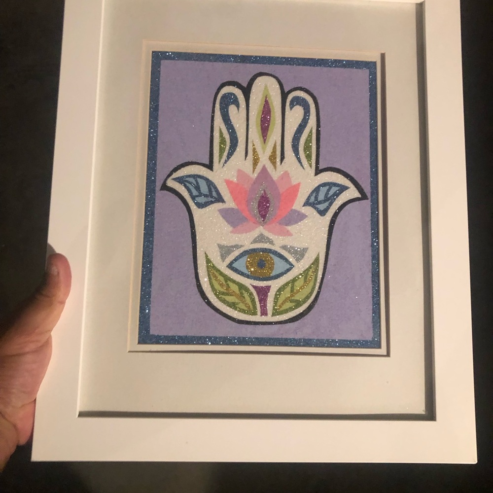 Framed Lavender Hamsa Wall Art with Lotus and Eye Motif